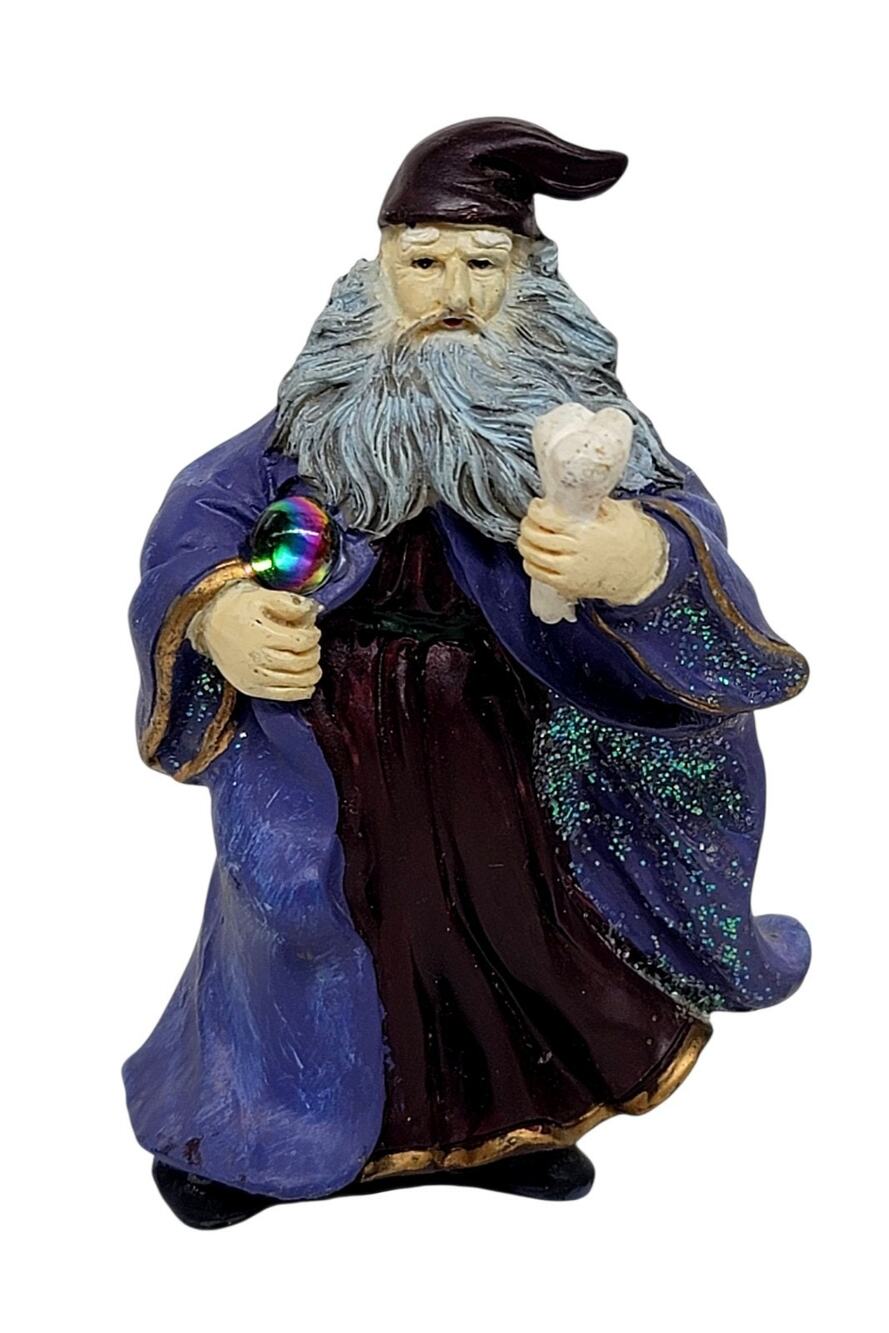 Vtg Wizard Resin Figurine Purple Robe Crystal Ball Staff Sculpture 4" CL58
